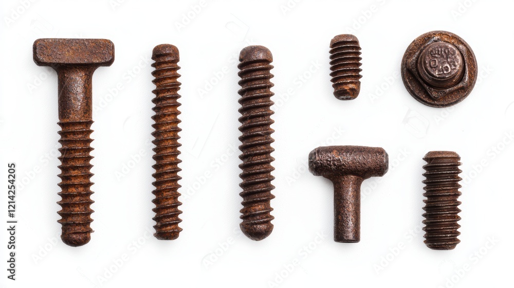 Old rusty bolts in various angles, isolated on a white background, showcasing weathered textures and industrial decay for hardware-themed visuals Old rusty bolts in various angles, isolated on a white background, showcasing weathered textures and industrial decay for hardware-themed visuals