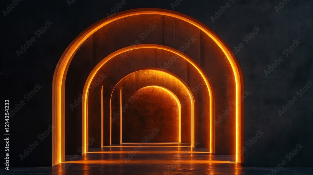 Fototapeta premium Glowing Orange Archways in a Dark Tunnel, Abstract 3D Render