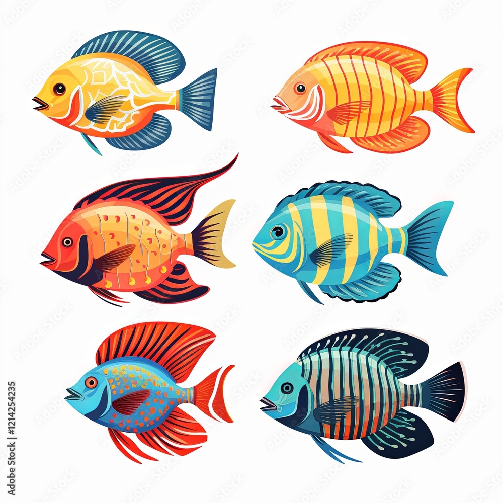 This illustration features vibrant tropical fish in various colors and shapes swimming gracefully. Their vivid colors contrast beautifully against a clean white background. This illustration features vibrant tropical fish in various colors and shapes swimming gracefully. Their vivid colors contrast beautifully against a clean white background.