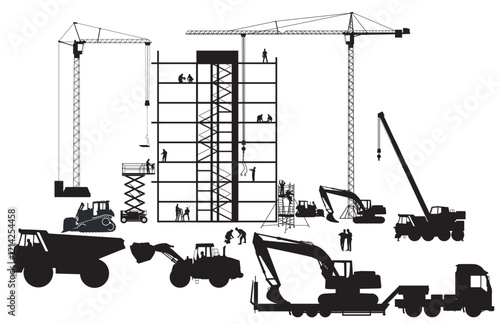 Baustelle mit Bagger, Architekt und Schweren Lastwagen   illustration.eps