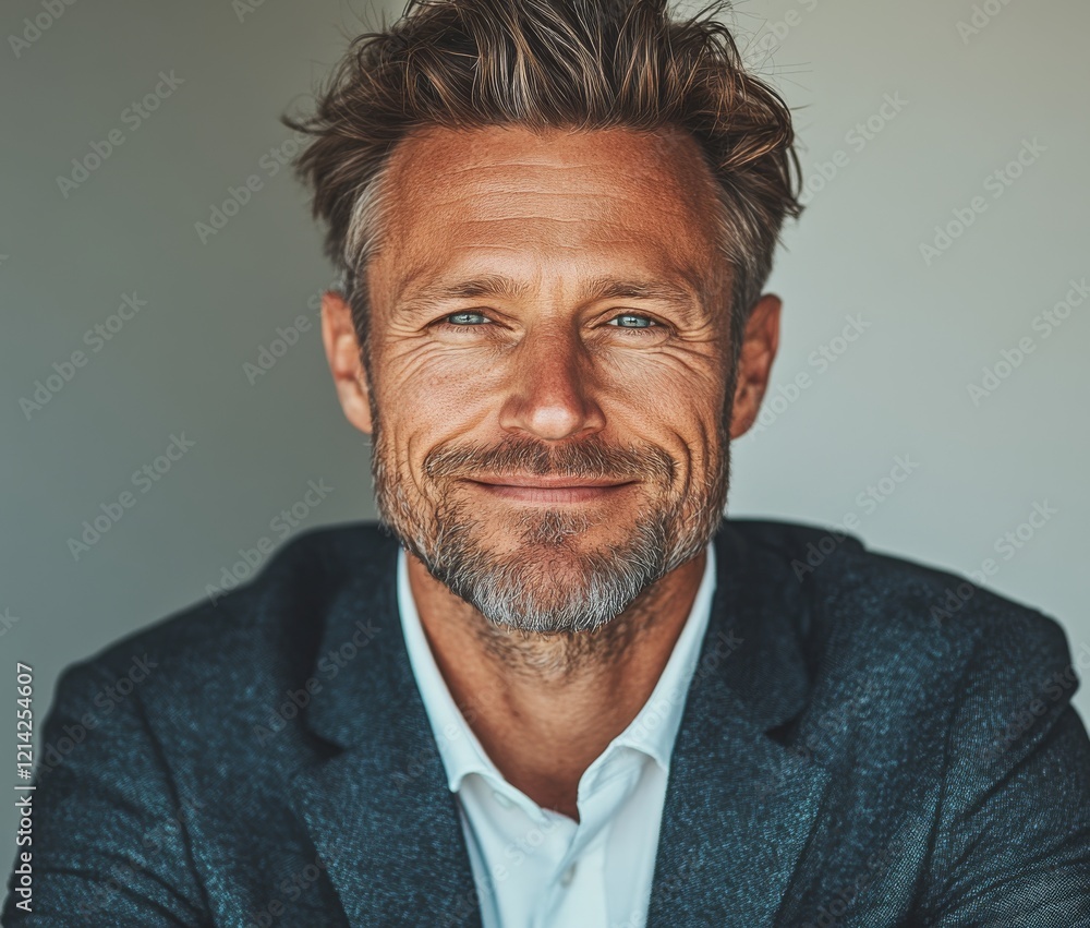 A middle-aged bearded man in a business suit stands posed with folded arms against a white backdrop, captured in a stock photograph A middle-aged bearded man in a business suit stands posed with folded arms against a white backdrop, captured in a stock photograph