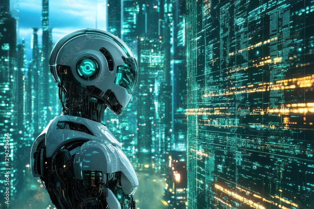 A robot with glowing cyan lights gazes at a vast digital cityscape, surrounded by luminous skyscrapers and streams of data in a futuristic neon-lit world. A robot with glowing cyan lights gazes at a vast digital cityscape, surrounded by luminous skyscrapers and streams of data in a futuristic neon-lit world.