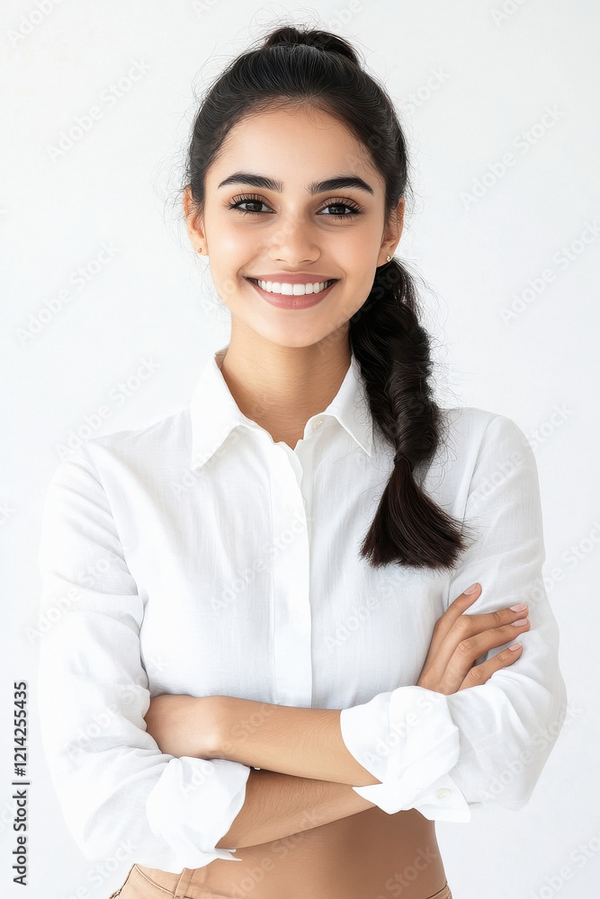 young beautiful indian woman standing confidently on white background. young beautiful indian woman standing confidently on white background.