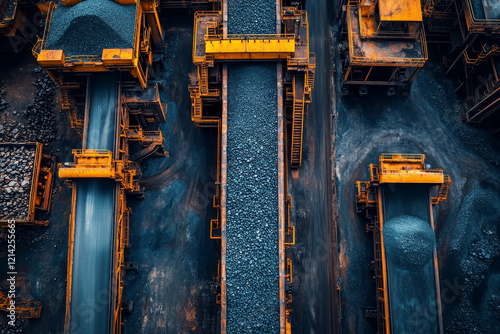 Coal processing plant with conveyor systems, aerial view of industrial machinery transporting materials. photo