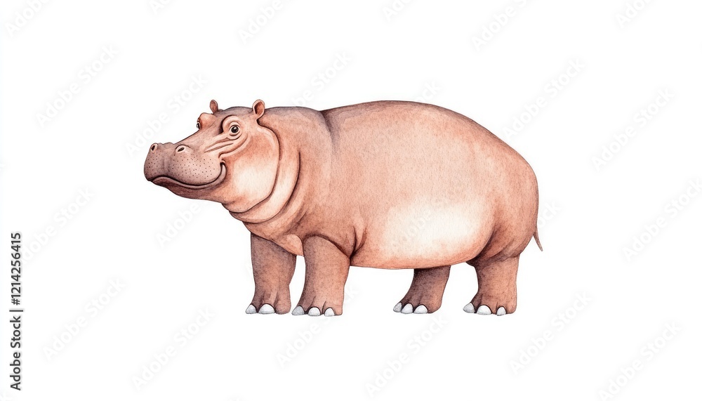 A detailed illustration of a hippo standing in profile, showcasing its robust body and gentle expression A detailed illustration of a hippo standing in profile, showcasing its robust body and gentle expression