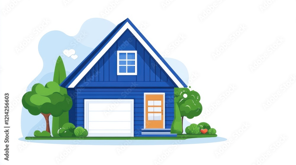 Charming Blue House Surrounded by Lush Greenery and Trees in a Bright, Cheerful Environment Charming Blue House Surrounded by Lush Greenery and Trees in a Bright, Cheerful Environment