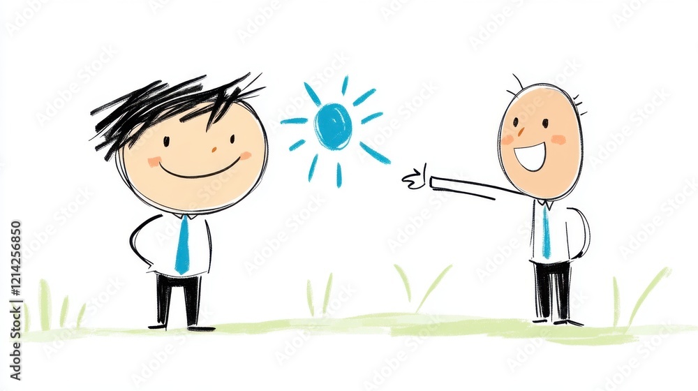 Two Cartoon Characters Smiling and Pointing at Bright Sun on White Background in Business Attire Two Cartoon Characters Smiling and Pointing at Bright Sun on White Background in Business Attire