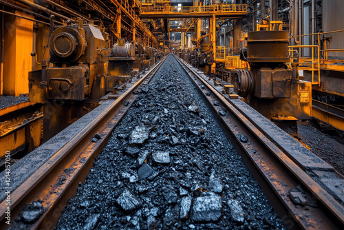 Close-up of coal on conveyor belt in processing plant, industrial machinery in background. photo