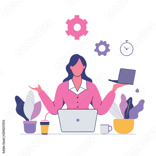 Busy businesswoman juggling tasks at her desk