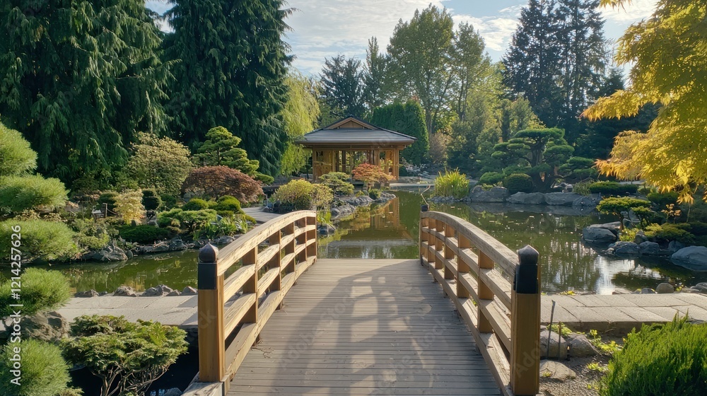 A traditional Japanese garden with a wooden bridge, koi pond, and carefully pruned bonsai trees. A traditional Japanese garden with a wooden bridge, koi pond, and carefully pruned bonsai trees.