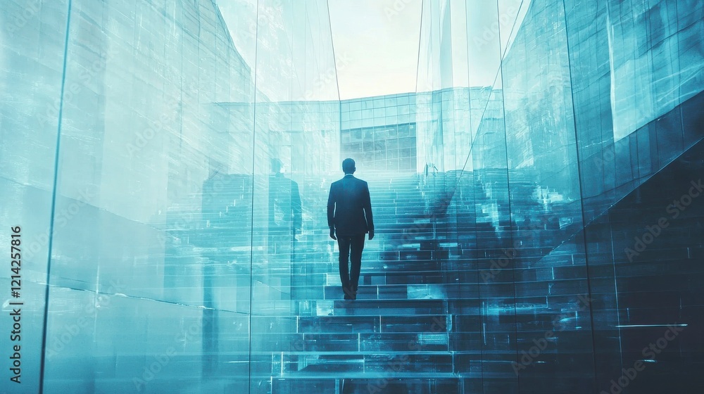 A silhouette of a man advances through a captivating space filled with reflective barriers, symbolizing the journey towards enlightenment and upward progression in life. A silhouette of a man advances through a captivating space filled with reflective barriers, symbolizing the journey towards enlightenment and upward progression in life.
