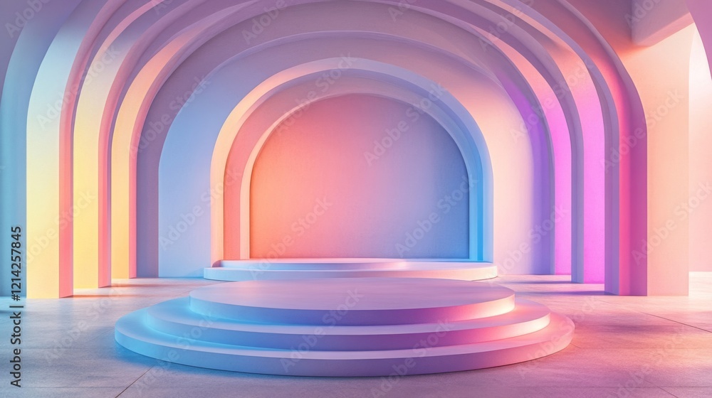 Obraz premium Pastel Archways with Illuminated Podium and Gradient Lighting