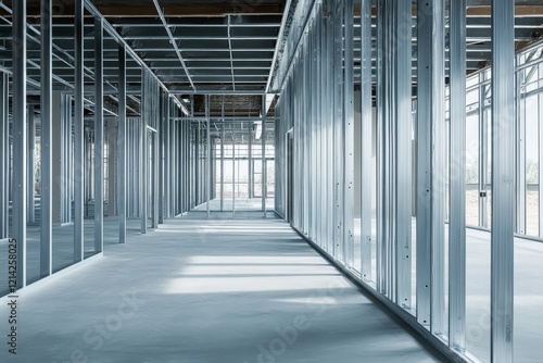 Steel studs used to frame in a large commercial building., Generative AI