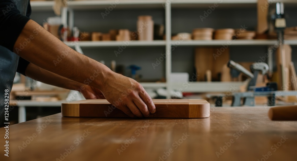 Male carpenter crafting wooden item in workshop Male carpenter crafting wooden item in workshop