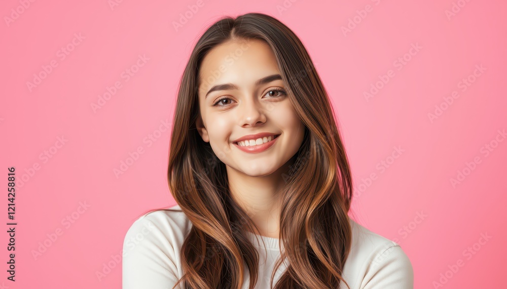 Happy Young Woman Smiling Against Pink Background Happy Young Woman Smiling Against Pink Background