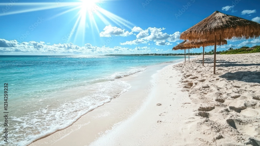 Fototapeta premium A tropical beach scene with soft white sand, crystal-clear waters, and beach umbrellas under the bright sun.