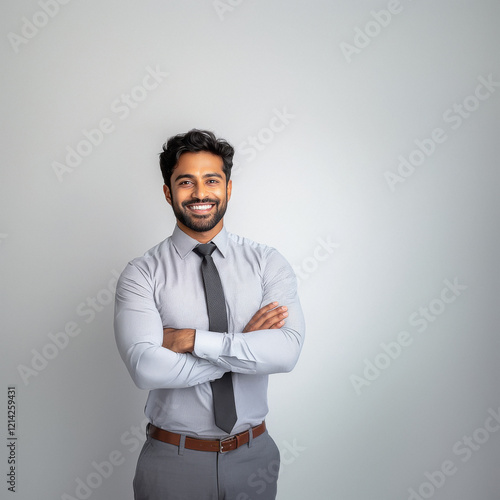 young man standing confidently with formal shirt and tie arm crossed photo