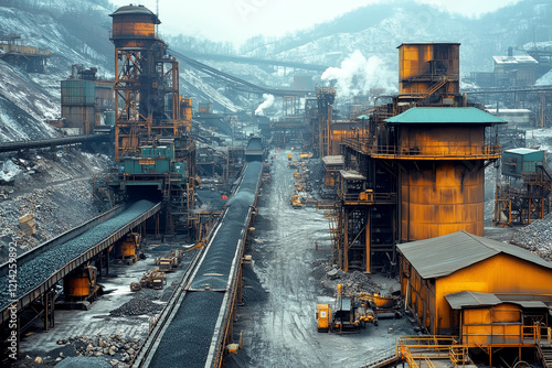 Coal processing plant with conveyor belts in industrial operation photo