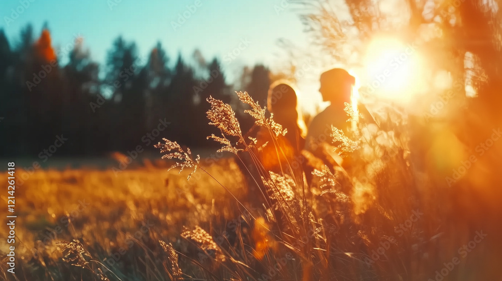 Φωτογραφία A medium shot of golden grass glowing in the sunlight, with silhouettes of two people walking in the distance, creating a warm and tranquil mood
