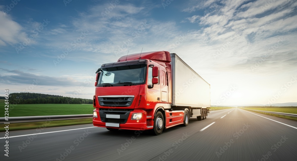 Red cargo truck driving on highway at sunrise with cloudy sky Red cargo truck driving on highway at sunrise with cloudy sky