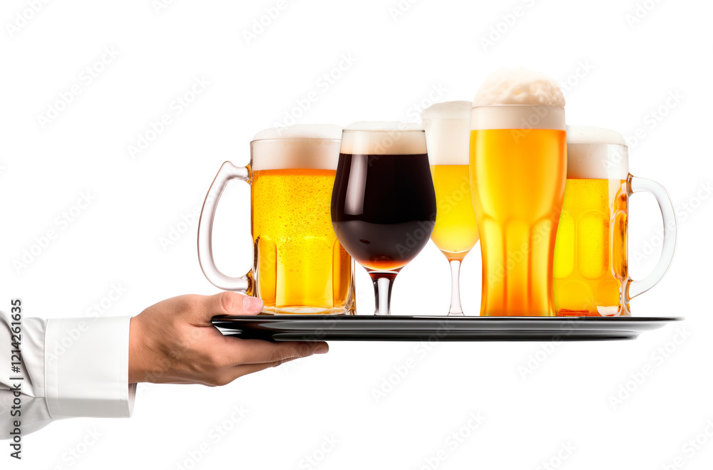 Waiter hand holding metal tray with set of Beer glasses and bottles on a white background. Waiter hand holding metal tray with set of Beer glasses and bottles on a white background.