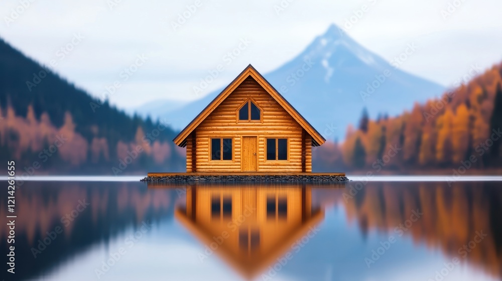 Fototapeta premium Tranquil Lakeside Log Cabin Home with Mountain View and Autumn Foliage Reflection