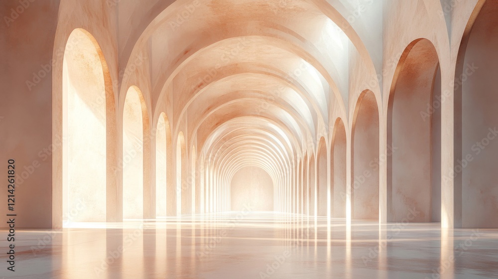 Serene sunlit architectural hallway with repeating arches and columns Serene sunlit architectural hallway with repeating arches and columns
