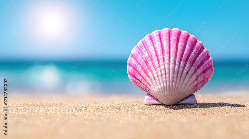 Pink Seashell on Sandy Beach Summer Ocean Background Vacation Idyll Pink Seashell on Sandy Beach Summer Ocean Background Vacation Idyll