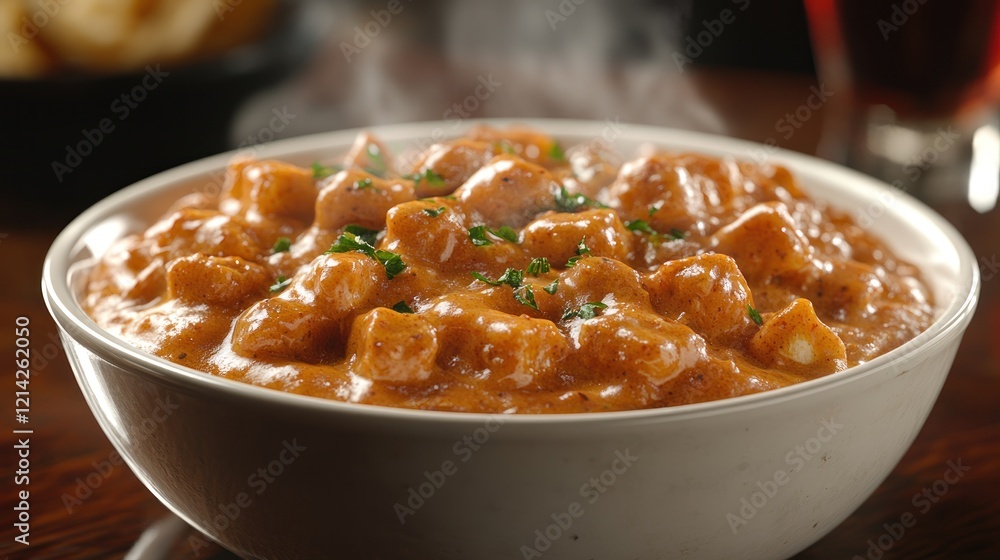 Steaming Creamy Chicken Stew, Pub Setting Steaming Creamy Chicken Stew, Pub Setting