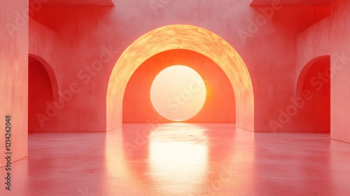Warm Sunset Light in Red Archway Interior