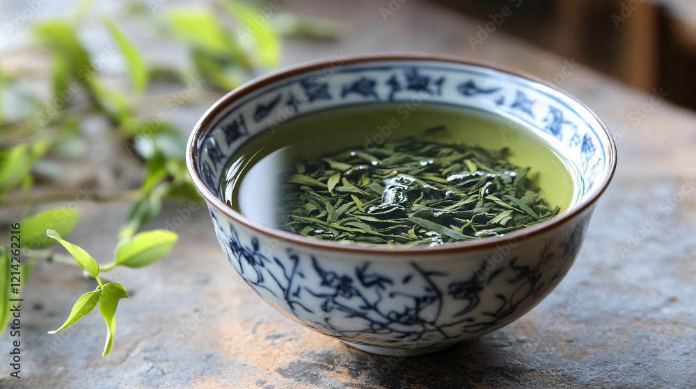 Green Tea Infusion: A porcelain bowl brimming with freshly brewed green tea leaves, steaming gently, rests on a rustic wooden surface, next to vibrant green tea plant sprigs. Green Tea Infusion: A porcelain bowl brimming with freshly brewed green tea leaves, steaming gently, rests on a rustic wooden surface, next to vibrant green tea plant sprigs.