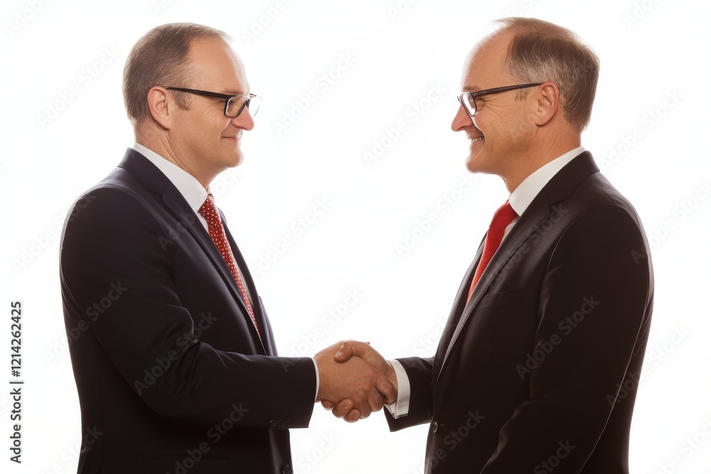 Professionals in suits exchanging a handshake in profile on a white background, representing a business deal Professionals in suits exchanging a handshake in profile on a white background, representing a business deal