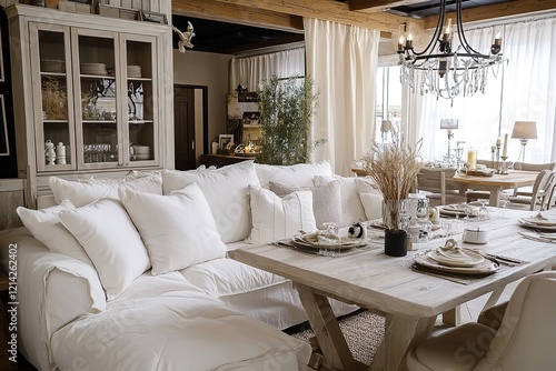 Combined dining area with living room with a huge soft