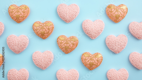 Pink and gold lace heart motifs on blue background