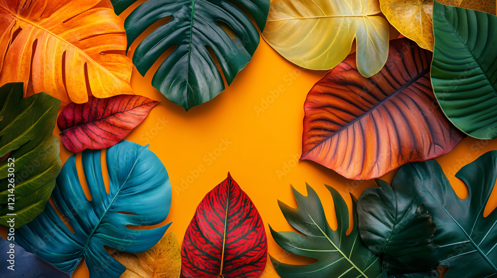 Tropical Leaf Arrangement: A vibrant and colorful arrangement of tropical leaves on a solid yellow background, creating a frame for your text or design. The leaves are arranged in a natural. Tropical Leaf Arrangement: A vibrant and colorful arrangement of tropical leaves on a solid yellow background, creating a frame for your text or design. The leaves are arranged in a natural.
