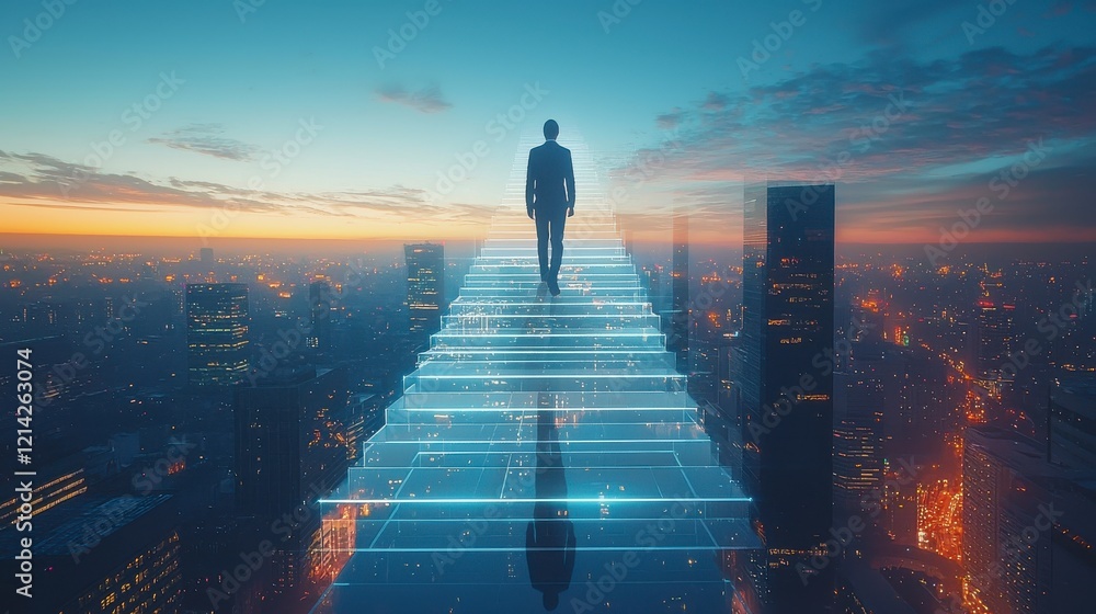 A silhouette of a man walking up glowing, transparent stairs against a city skyline at dawn, symbolizing aspiration, progress, and the journey of life in a digital age. A silhouette of a man walking up glowing, transparent stairs against a city skyline at dawn, symbolizing aspiration, progress, and the journey of life in a digital age.