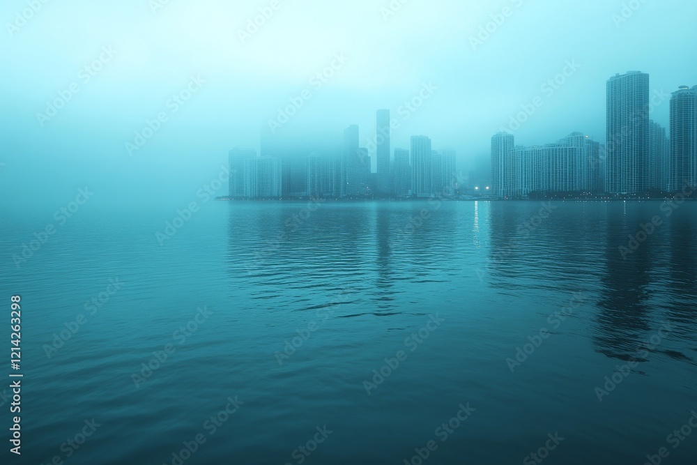 At dusk, the Miami skyline features illuminated buildings whose reflections dot the water, the whole scene framed by a white background that emphasizes the city's architectural beauty At dusk, the Miami skyline features illuminated buildings whose reflections dot the water, the whole scene framed by a white background that emphasizes the city's architectural beauty