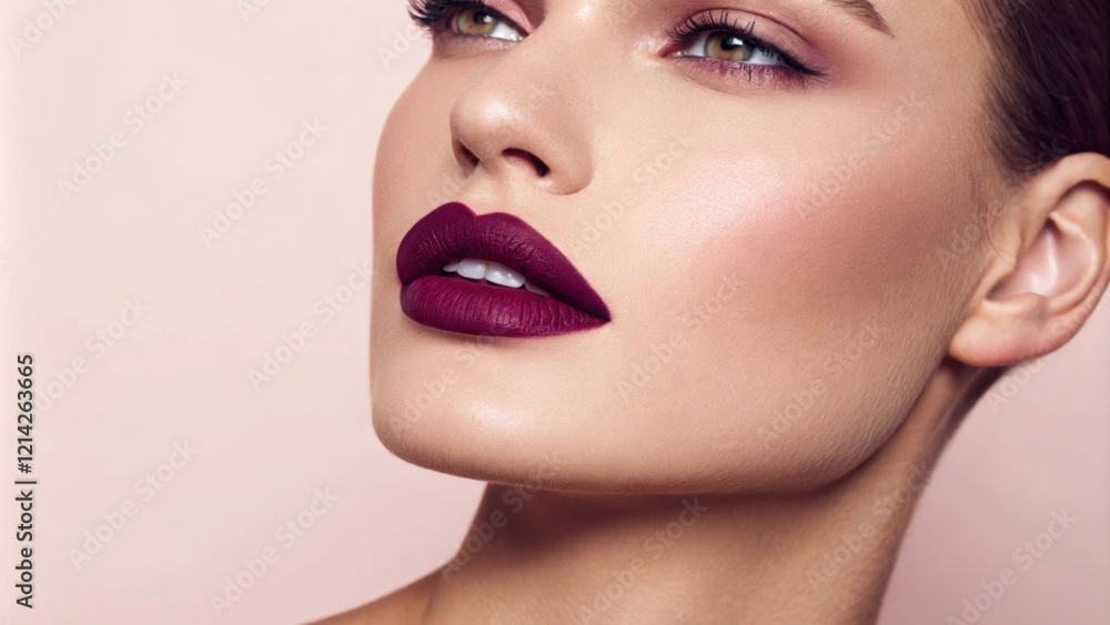 A closeup shot highlights the models rich plum lips perfectly contrasting with a dreamy light pink background. The soft illumination adds depth allowing the lip color to truly A closeup shot highlights the models rich plum lips perfectly contrasting with a dreamy light pink background. The soft illumination adds depth allowing the lip color to truly