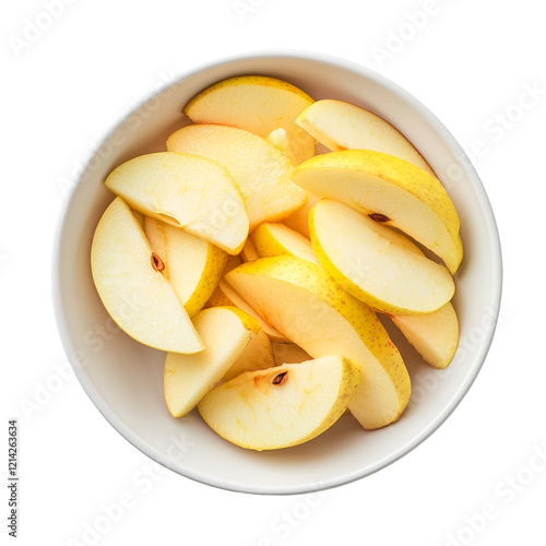 golden delicious apple sliced in a white bowl against a transparent background photo