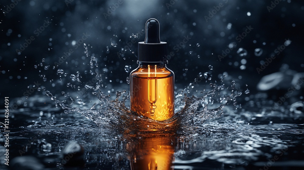 Dark, low-key luxury product shot of a cosmetic oil or essence bottle with a dropper, featuring a serum splash, evoking elegance in beauty care. Dark, low-key luxury product shot of a cosmetic oil or essence bottle with a dropper, featuring a serum splash, evoking elegance in beauty care.