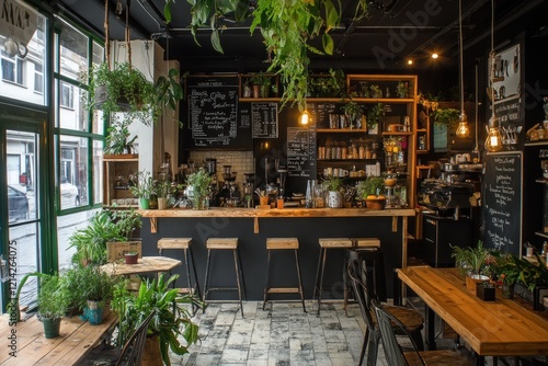 Urban cafe, plants, counter, city view, menu, interior, coffee, shop, daytime, relaxing