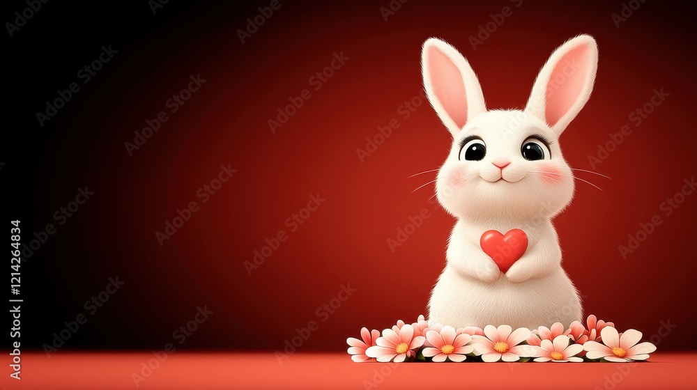 Fototapeta premium Adorable White Bunny Rabbit Holding Heart Valentine s Day Cute Cartoon Animal Illustration