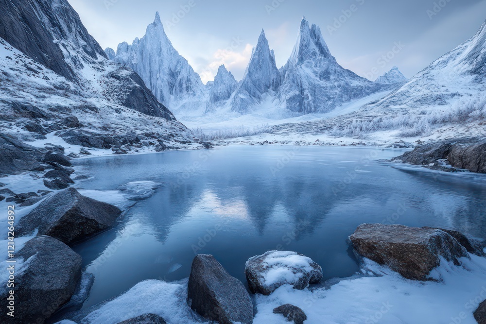 A frozen mountain lake surrounded by icy peaks and snow-covered rocks, reflecting the soft winter light A frozen mountain lake surrounded by icy peaks and snow-covered rocks, reflecting the soft winter light