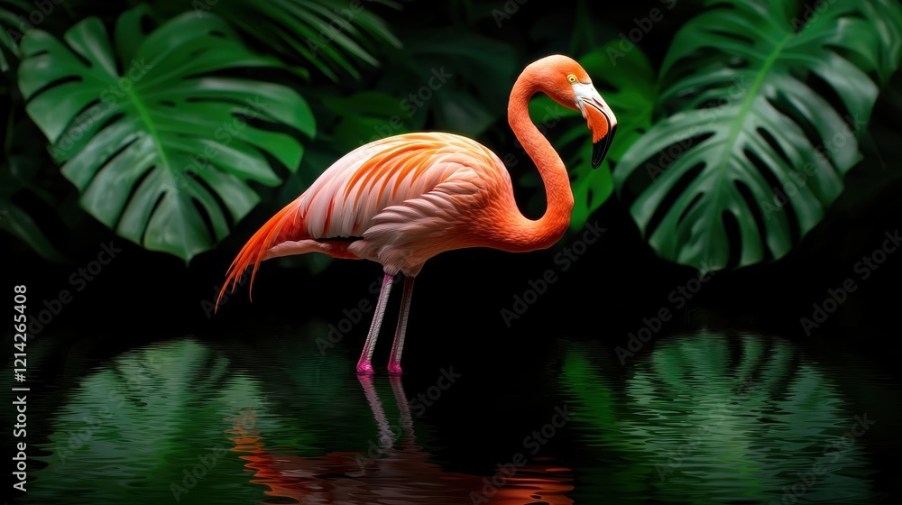 Fototapeta premium Pink Flamingo in Tropical Paradise Stunning Bird in Lush Green Foliage and Reflective Water