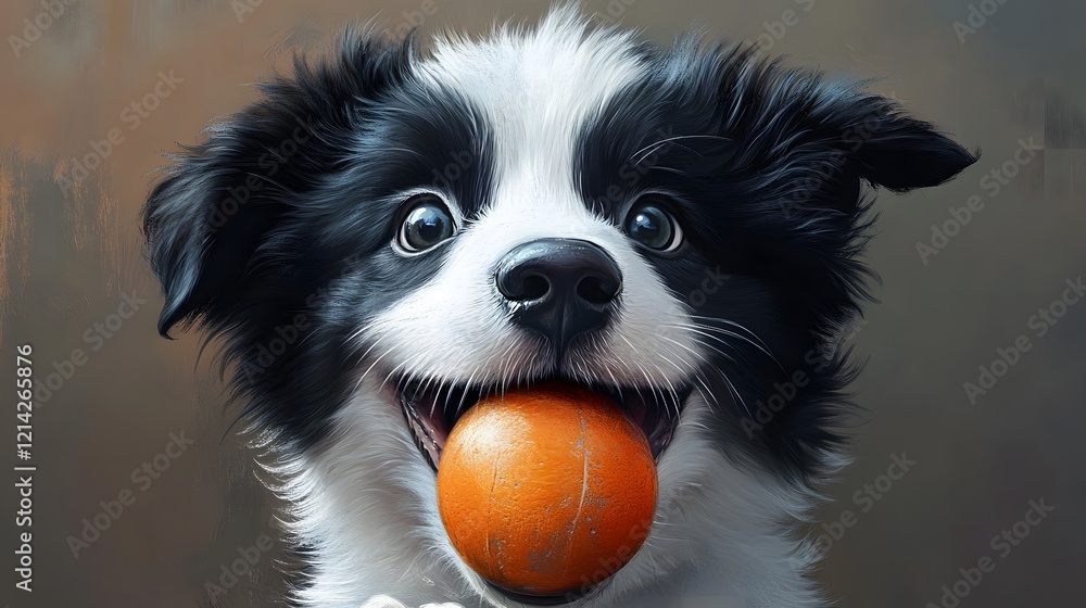 Adorable Border Collie Puppy Holds Orange Ball Adorable Border Collie Puppy Holds Orange Ball