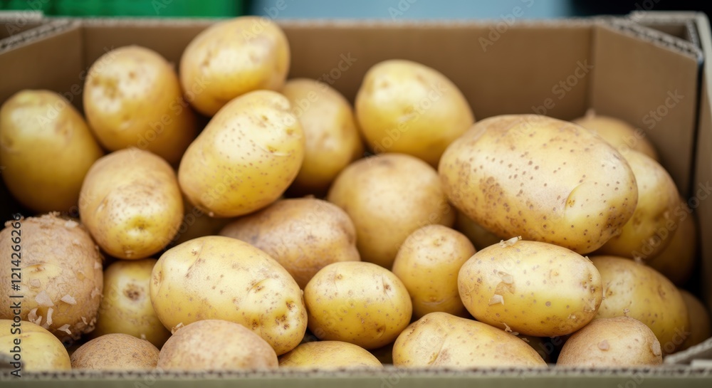 Fresh harvested potatoes in cardboard box displaying varied sizes and textures Fresh harvested potatoes in cardboard box displaying varied sizes and textures
