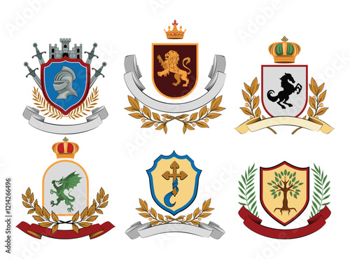 Hand drawn flat heraldic badge with ribbons set