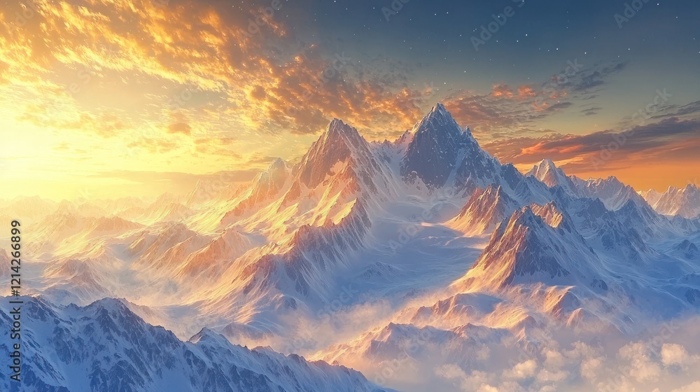 A vast mountain range with snow-capped peaks under a glowing sunrise, evoking a sense of natural wonder. A vast mountain range with snow-capped peaks under a glowing sunrise, evoking a sense of natural wonder.