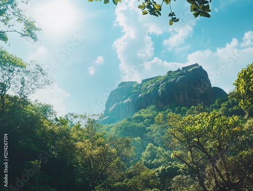 Hilltop fortress, lush greenery, sunny day, travel destination.