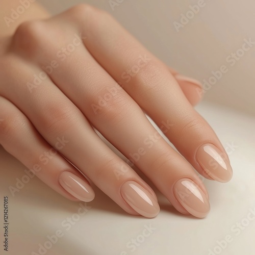 Hands of beautiful well-groomed woman with feminine nails on beige background. Manicure, pedicure beauty salon concept. On nails nude light pink gel polish 